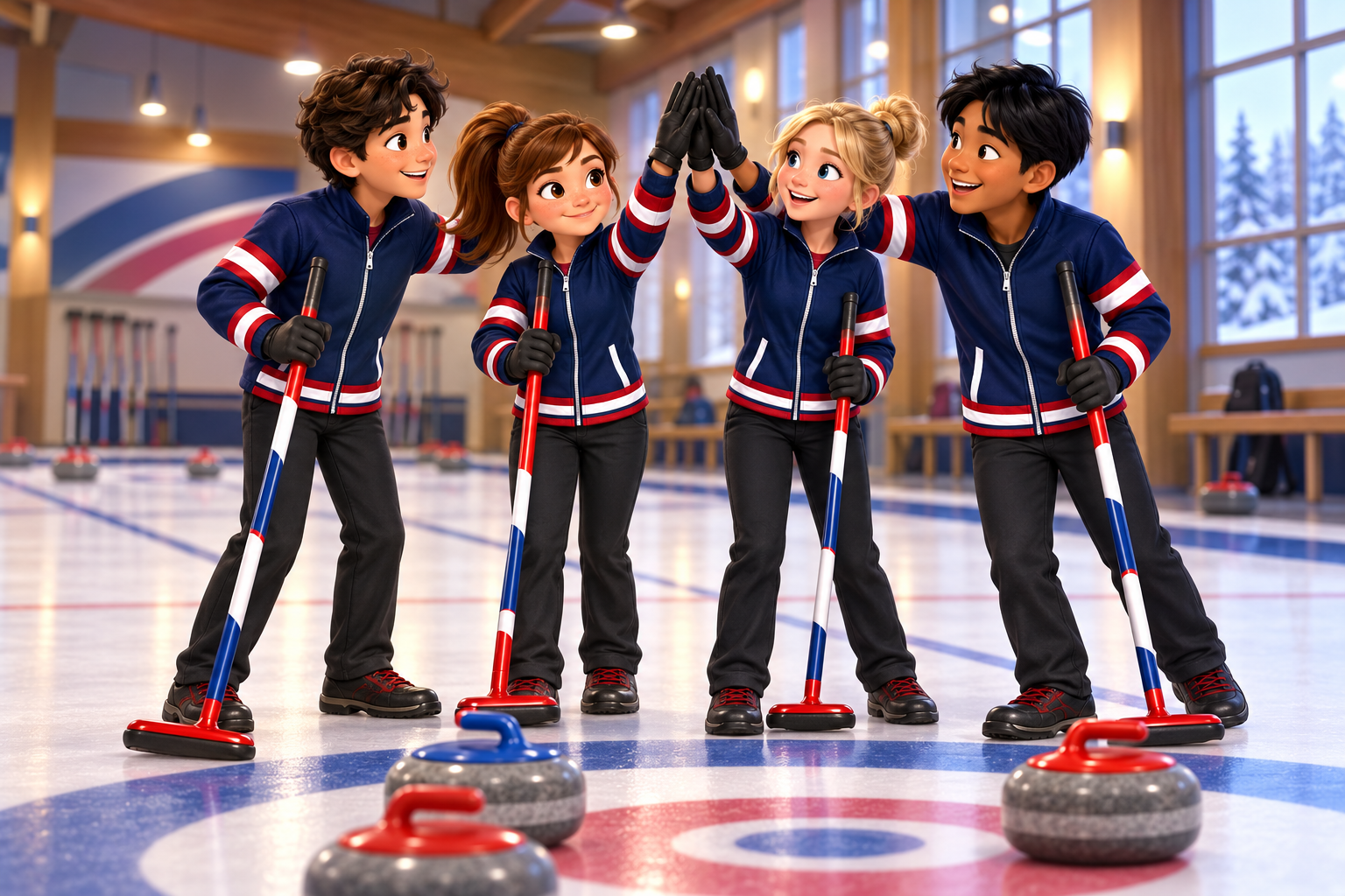 Piper sharing a high-five with her junior curling teammates on the ice